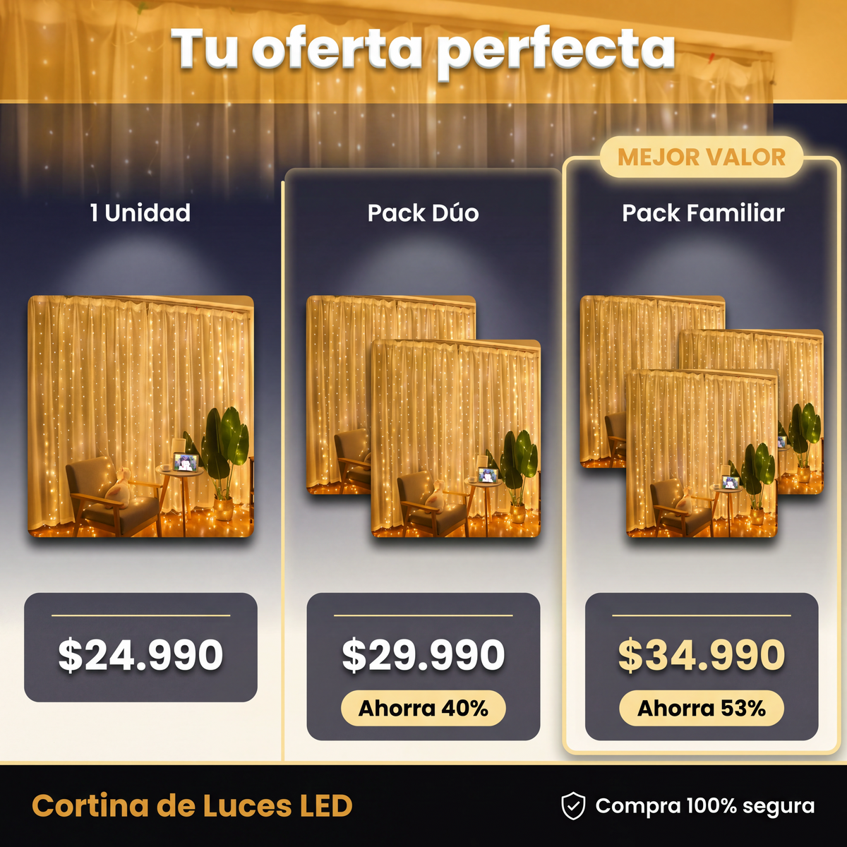 Cortina de Luces LED Cálidas 3x2 m