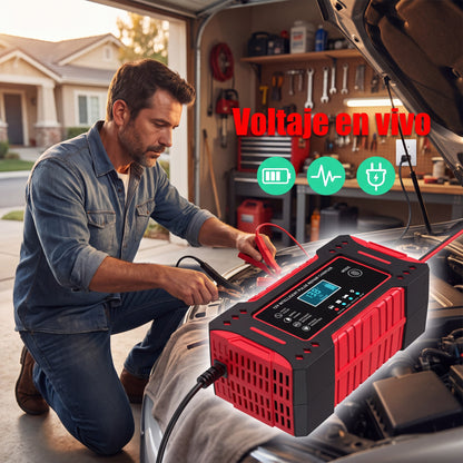 Cargador reparador de baterías 12V conectado a la batería de un auto