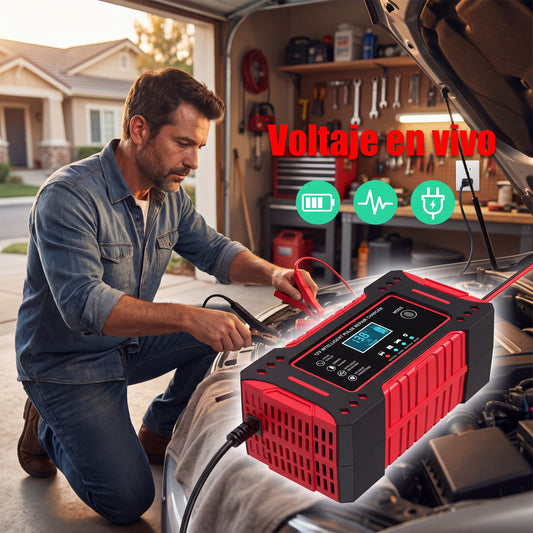 Cargador reparador de baterías 12V conectado a la batería de un auto