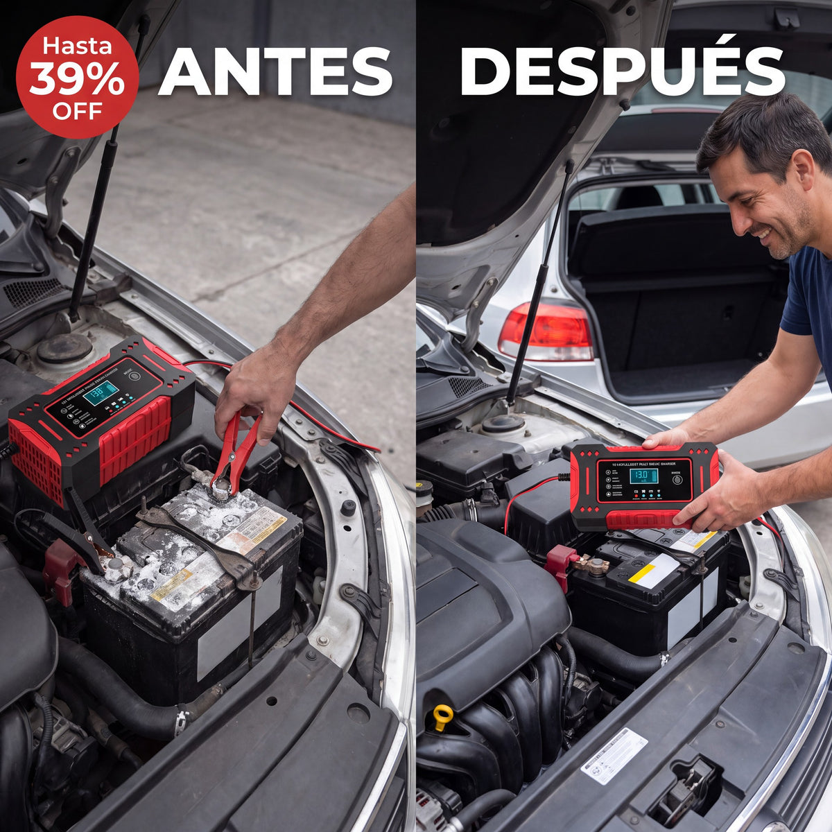 Antes y después de usar el cargador reparador de baterías