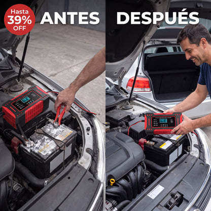 Antes y después de usar el cargador reparador de baterías