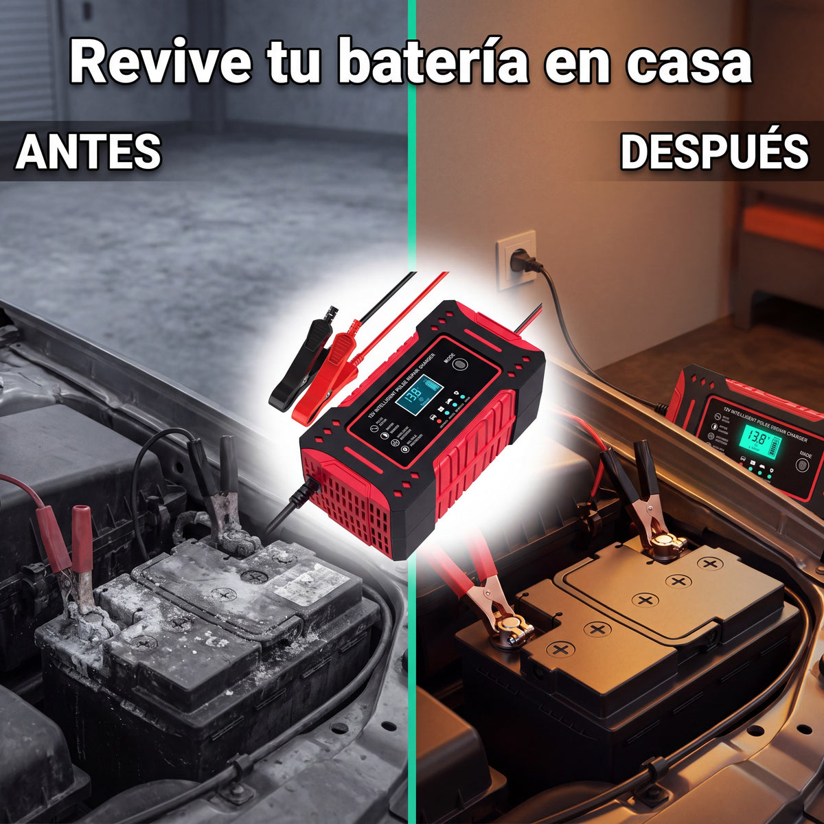 Batería descargada antes y recuperada después con el cargador