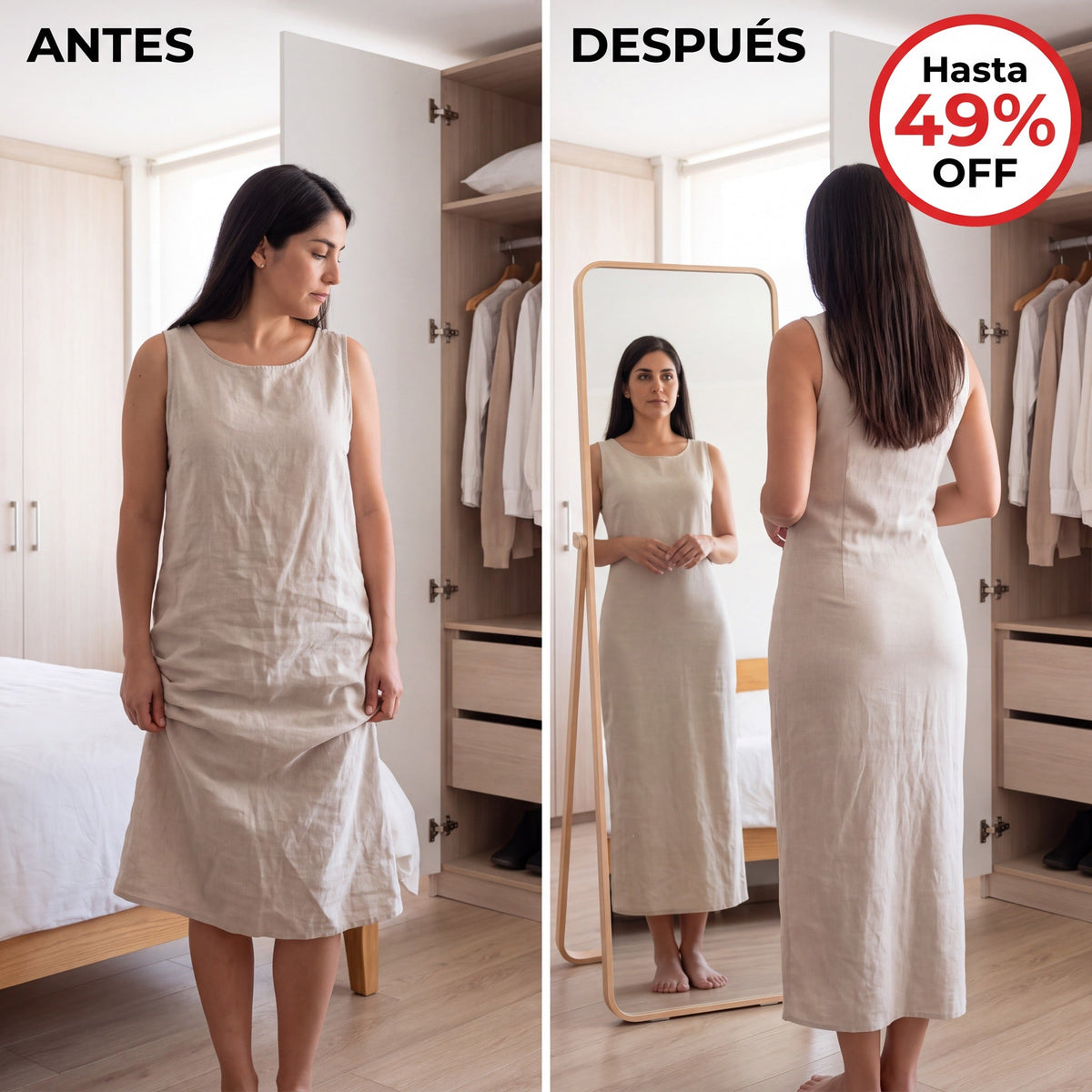 Cómo cae la ropa encima: la misma blusa arrugada y después lisa