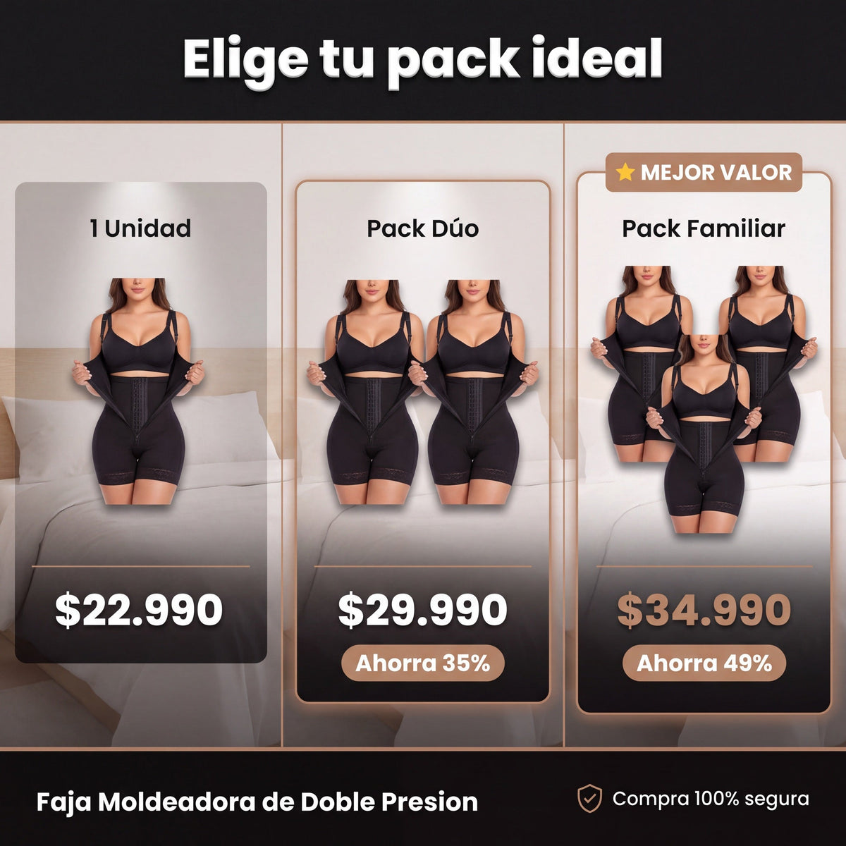 Packs: 1 unidad $22.990, 2 unidades $29.990, 3 unidades $34.990