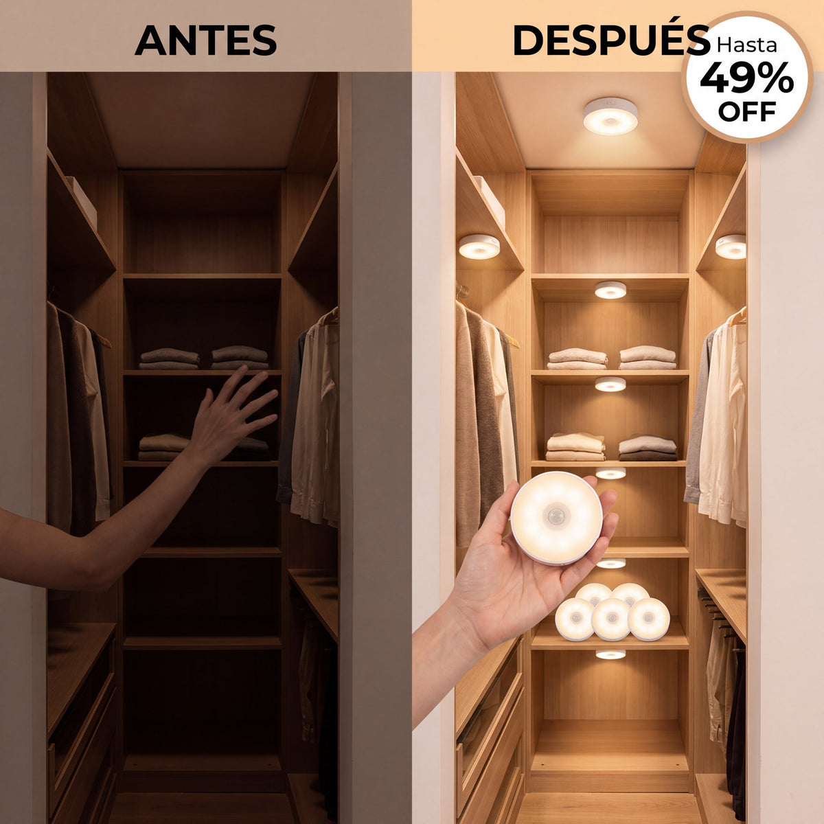 Antes y despues: closet a oscuras y con luz calida