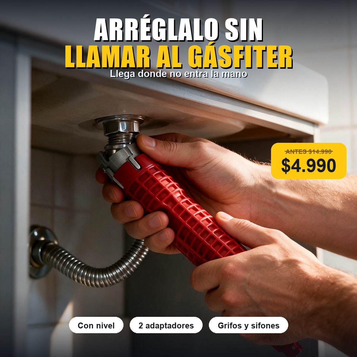 Llave multiuso de gasfitería en uso bajo un lavamanos