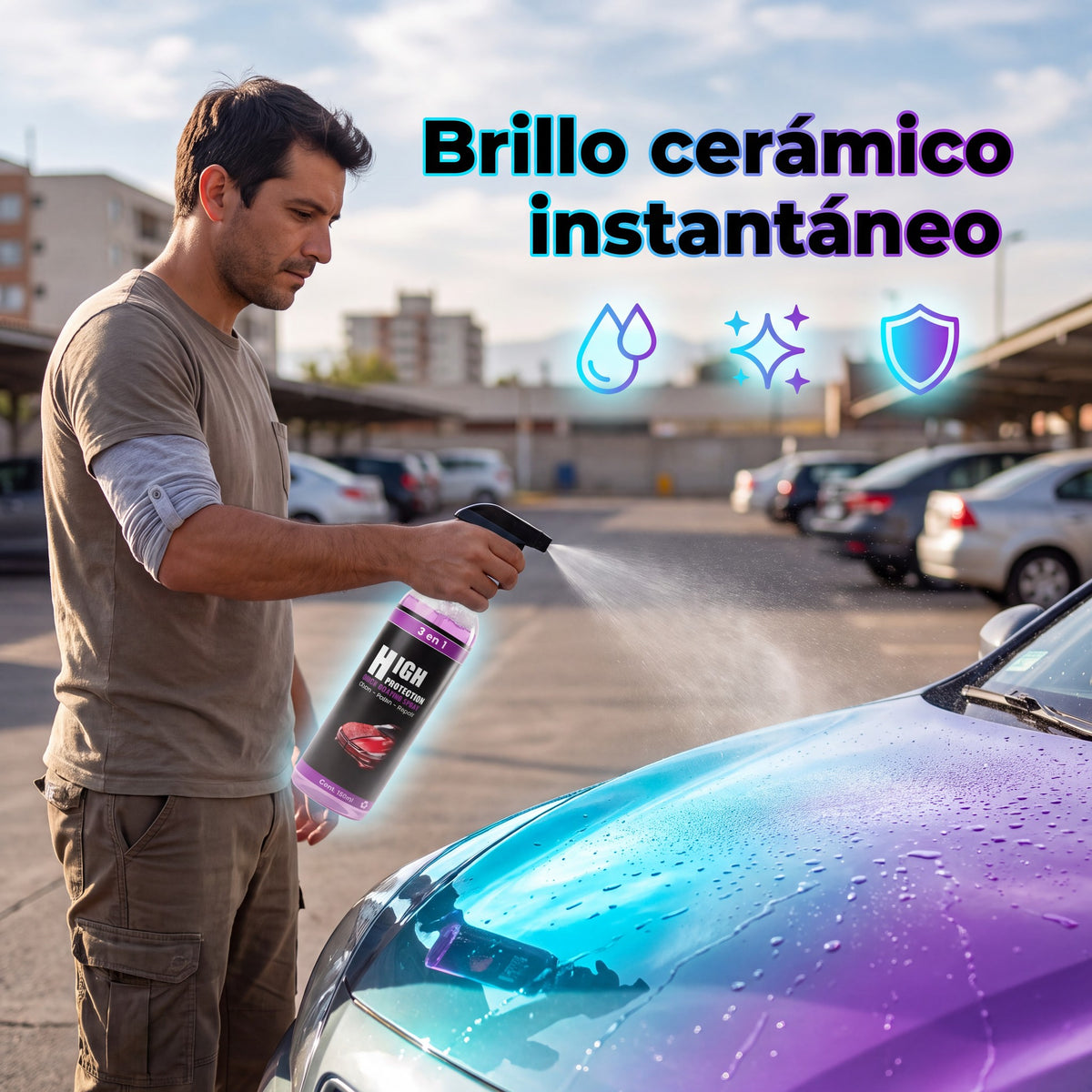 Aplicando el protector 3 en 1 en spray sobre el capó de un auto