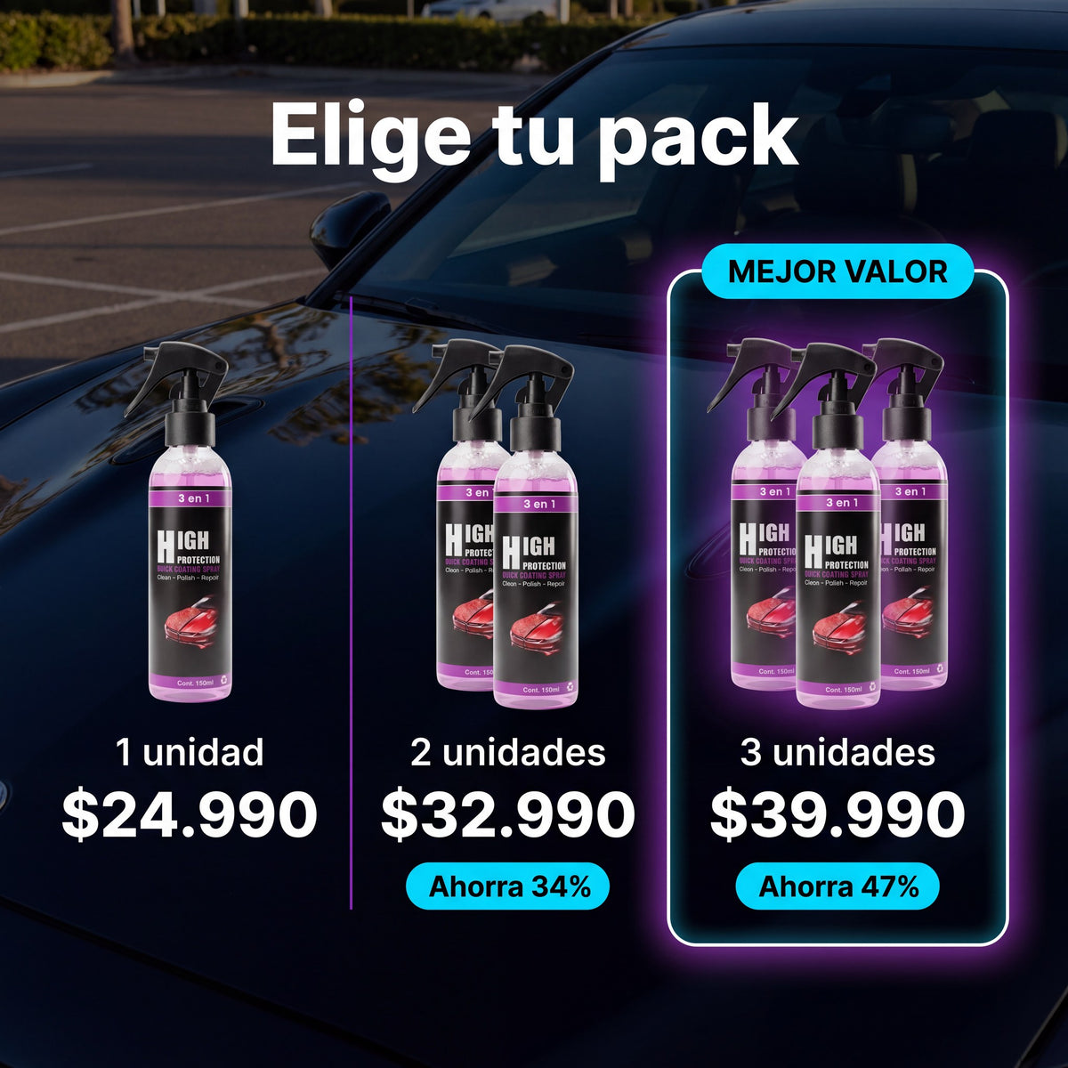 Packs disponibles del protector auto 3 en 1