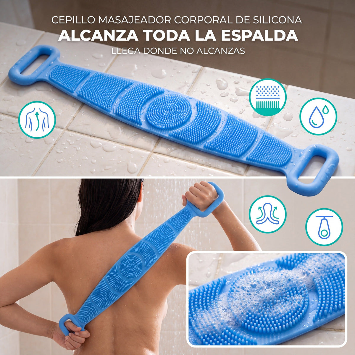Cepillo Masajeador Corporal de Silicona: alcanza toda la espalda