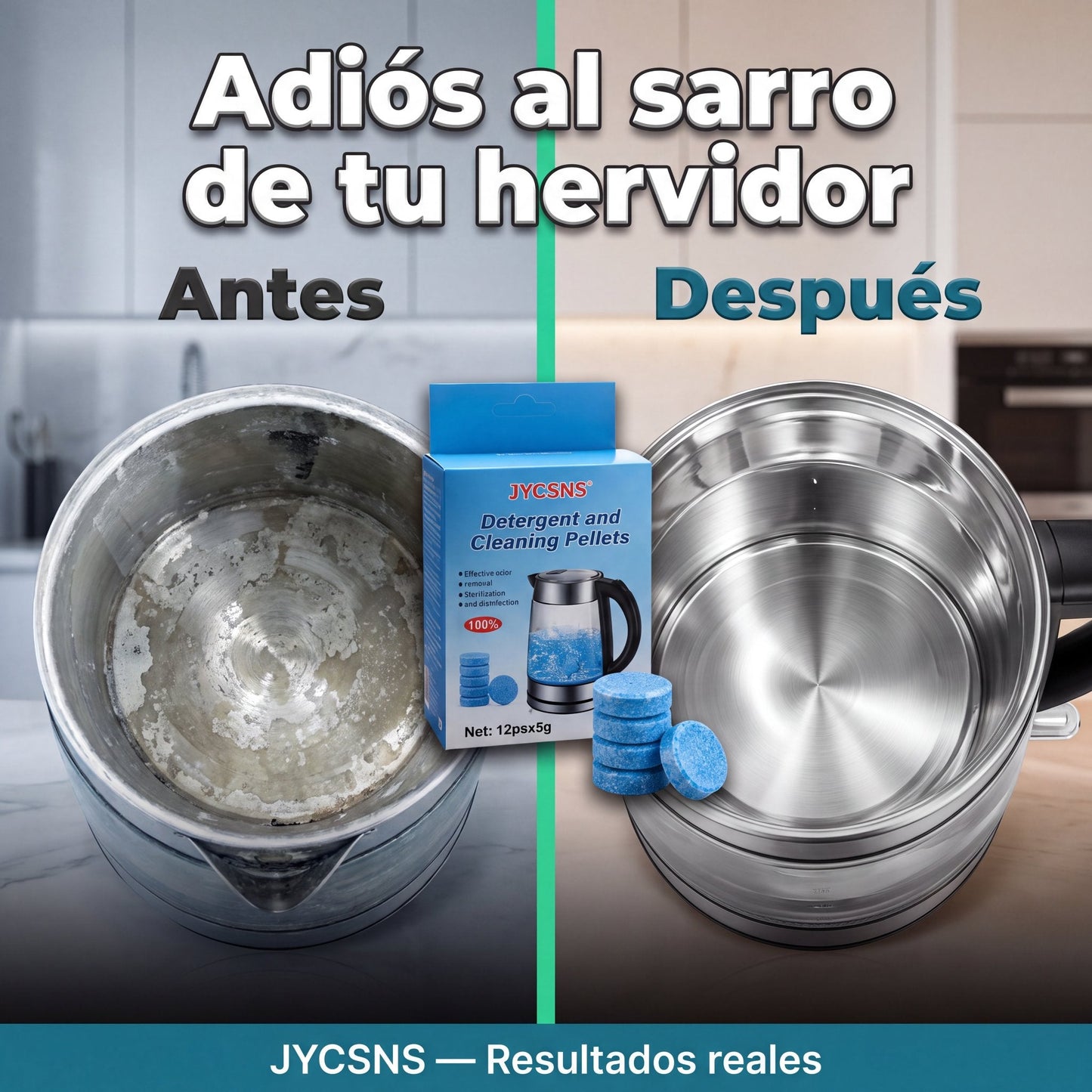 Antes y después sarro hervidor
