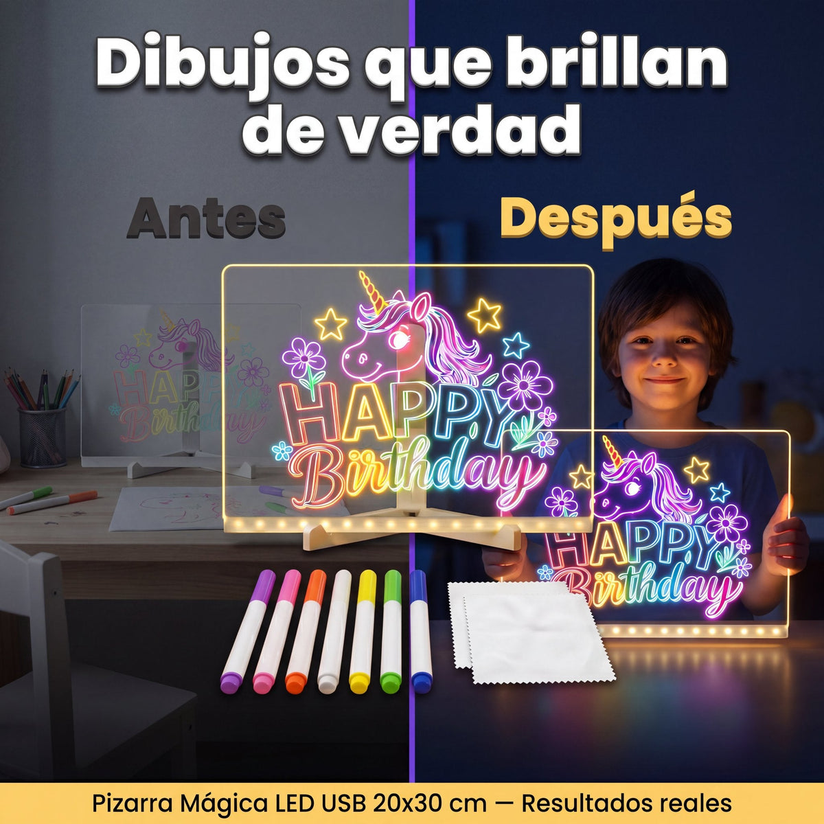 Pizarra Mágica LED USB 20x30 cm - antes y después