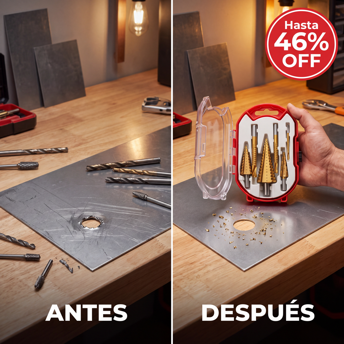 Antes y después con las brocas escalonadas
