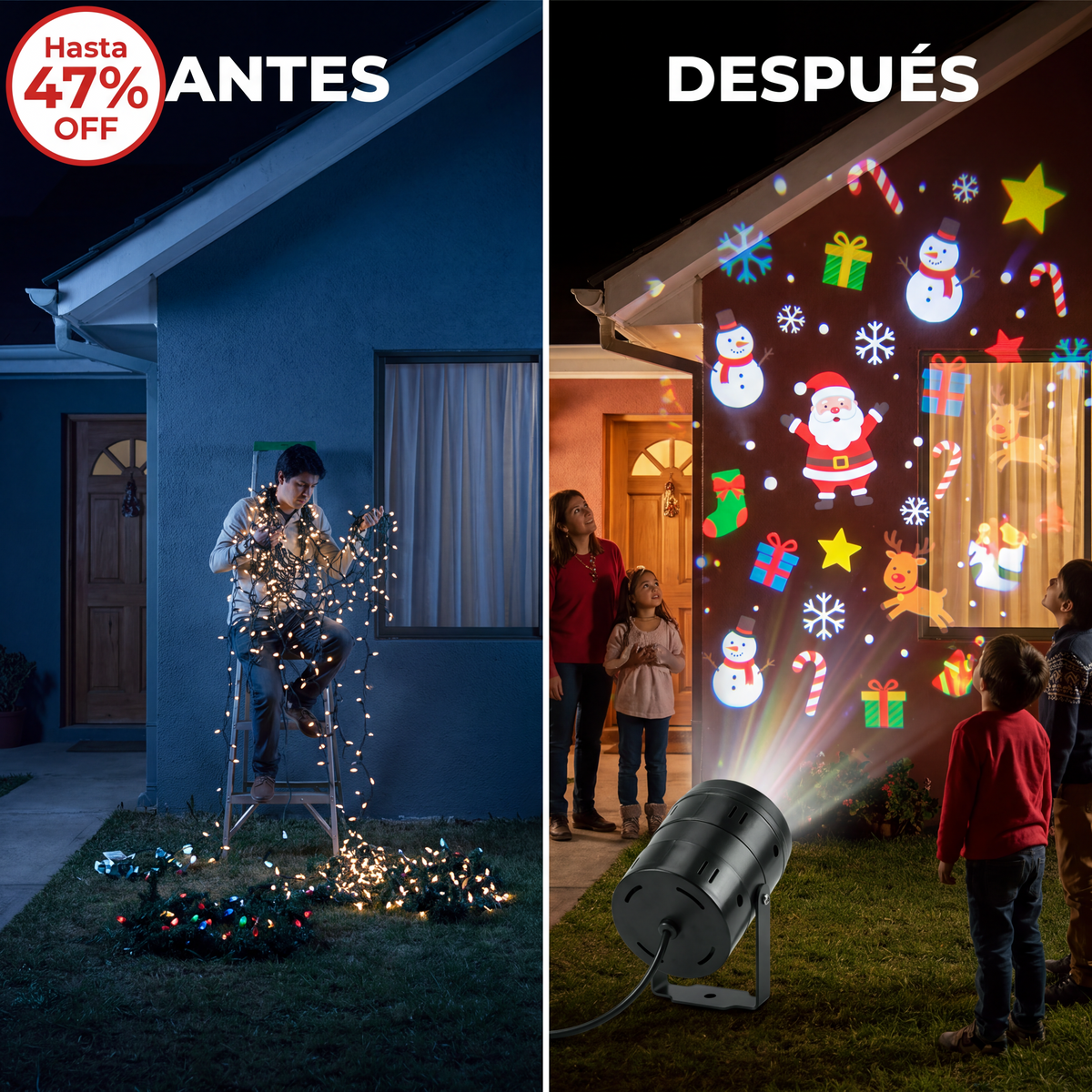 Proyector navideño antes y después