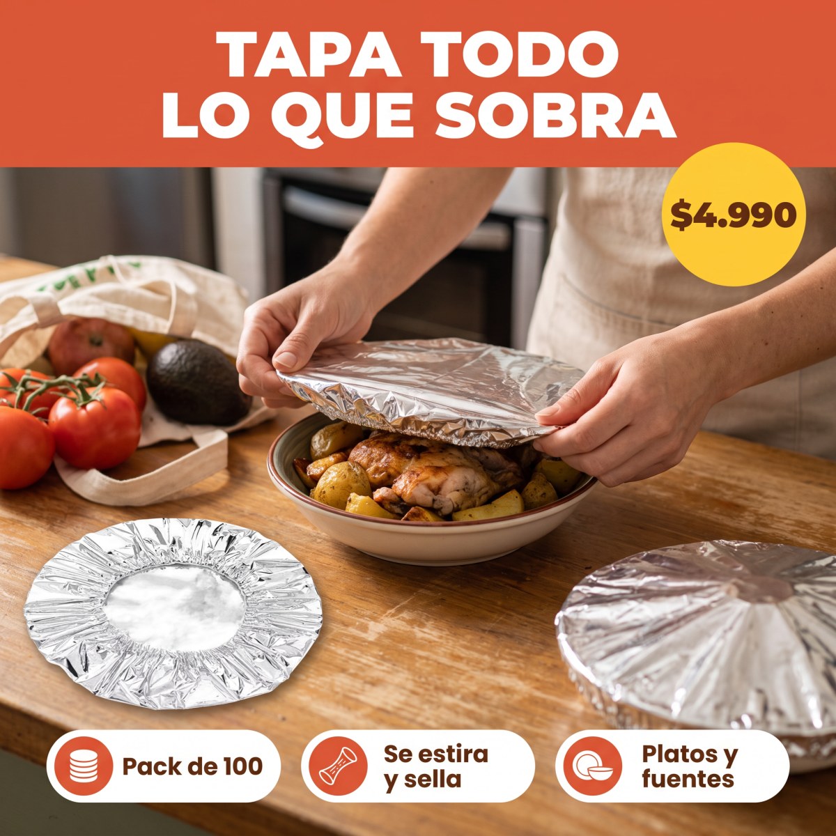 Tapas de aluminio elasticas para alimentos, pack 100
